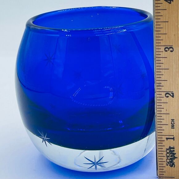 Cobalt Blue Starburst Etched Stars Glittery Glass Votive Candle Holder Poland - Picture 6 of 12